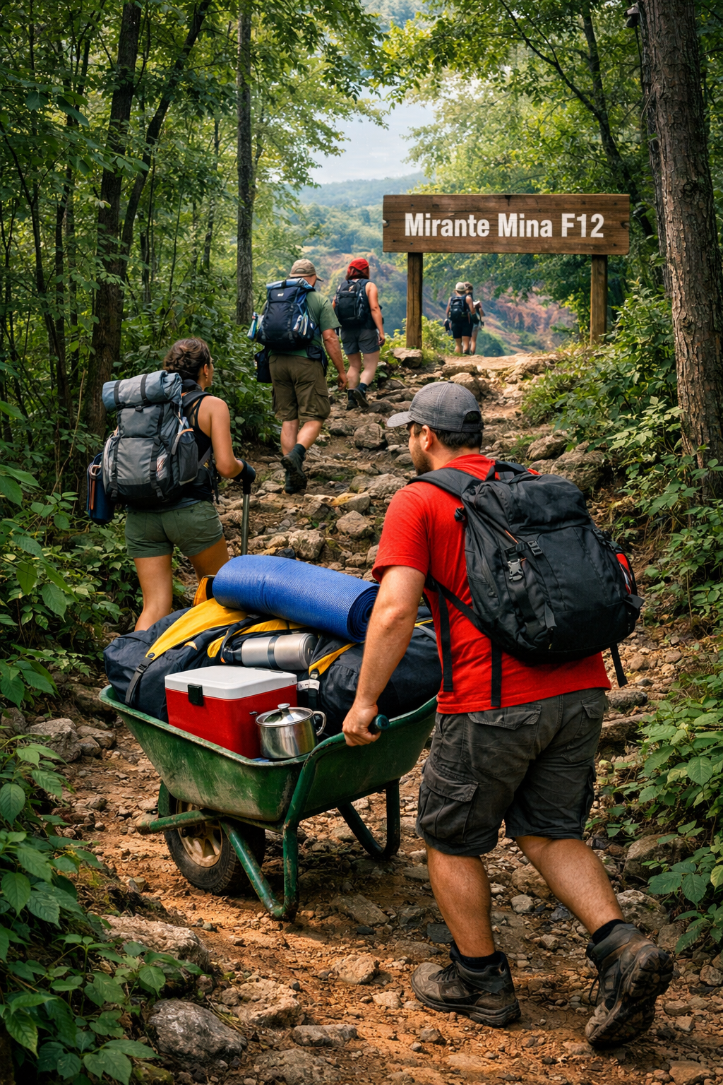 Carregadores levando material de acampamento até o Mirante da Mina F12