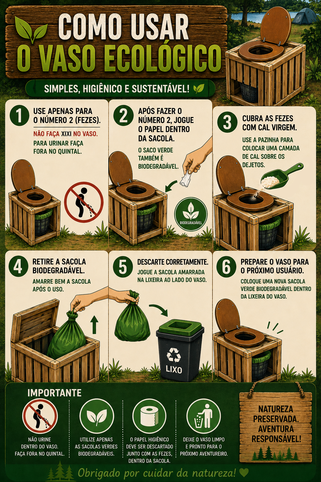 Guia ilustrado de uso do vaso ecológico: descarte responsável, sacola biodegradável e preparação para o próximo usuário