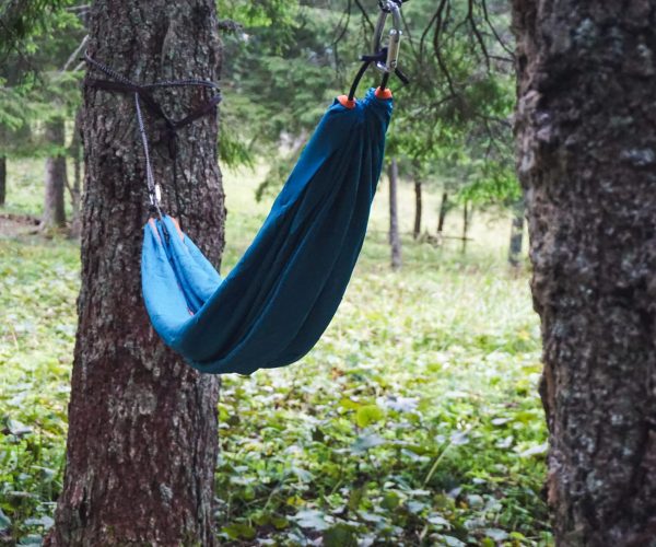 A wide shot of a hammock tied between two trees in a camping ground on a cool day